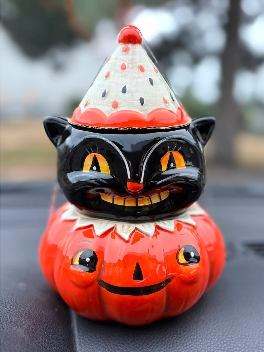 Johanna Parker Halloween Ceramic Black Cat on Orange Pumpkin Candy Jar